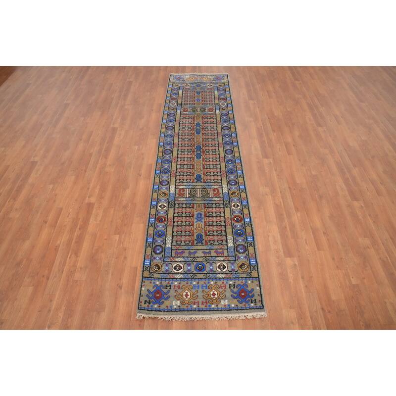 Hand Knotted Oriental 100% Wool Carpet Traditional Tribal Greys & Charcoal Kazak Runner Rug - 9' 11'' X 2' 7''