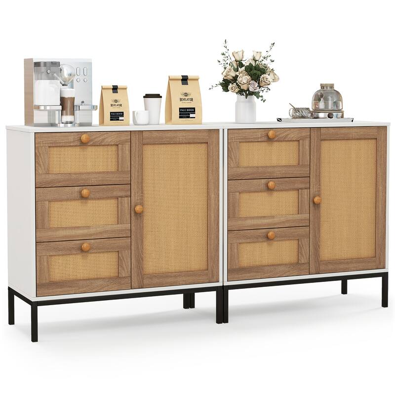 Gymax Set of 2 Rattan Sideboard Buffet Cabinet Accent Cabinet w/ 1 - White + Natural + Black