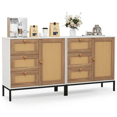 Gymax Set of 2 Rattan Sideboard Buffet Cabinet Accent Cabinet w/ 1