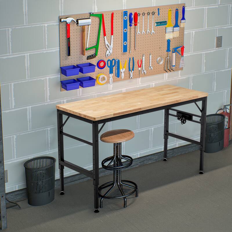 Adjustable Height Workbench, 60" Rubber Wood Top Heavy duty Workstation with Power Outlets