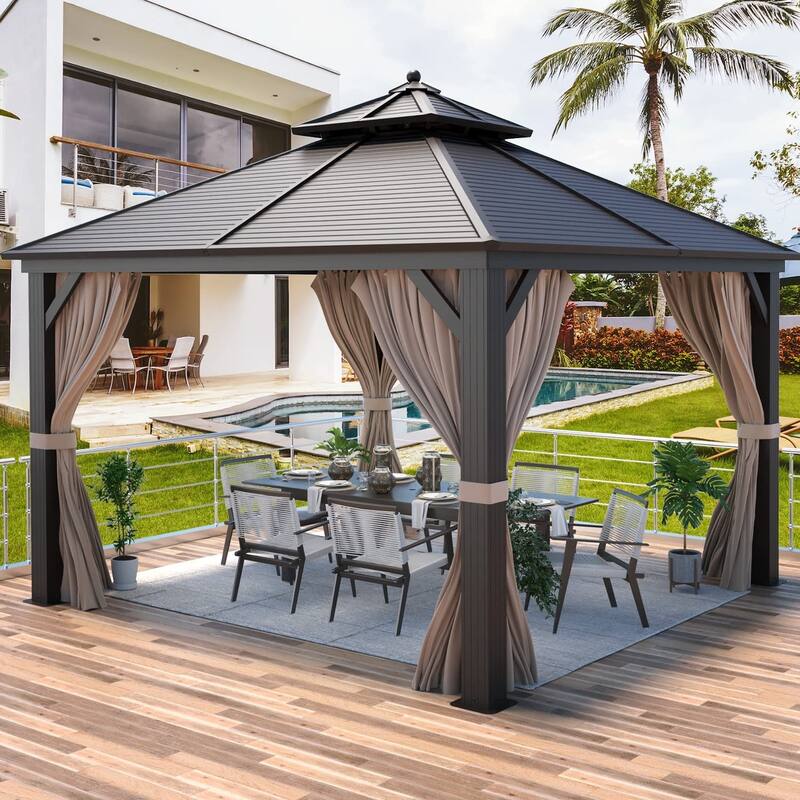 Outdoor Pro Series Galvanized Steel Hardtop Patio Gazebo Pergola w/Aluminum Frame, Prime Curtains and nettings include