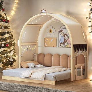 Pinewood Ground-Level Twin Size Canopy Bed with Arched Canopy,Tent,Trundle