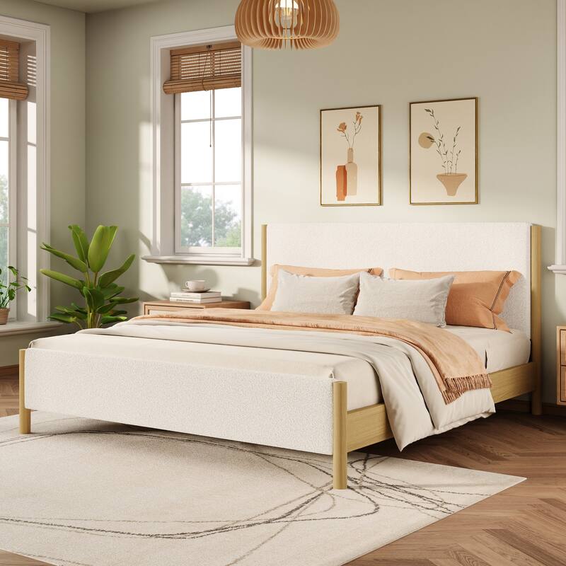 Modern White Boucle Upholstered Bed, King/Queen Size with Rubberwood Legs - Queen
