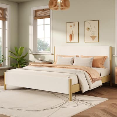Modern White Boucle Upholstered Bed, King/Queen Size with Rubberwood Legs