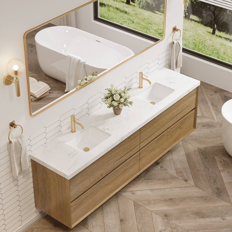 24"30"36"48"60"72"84" Floating Bathroom Vanity Engineered Stone Top with Rectangular Ceramic Undermount Sink
