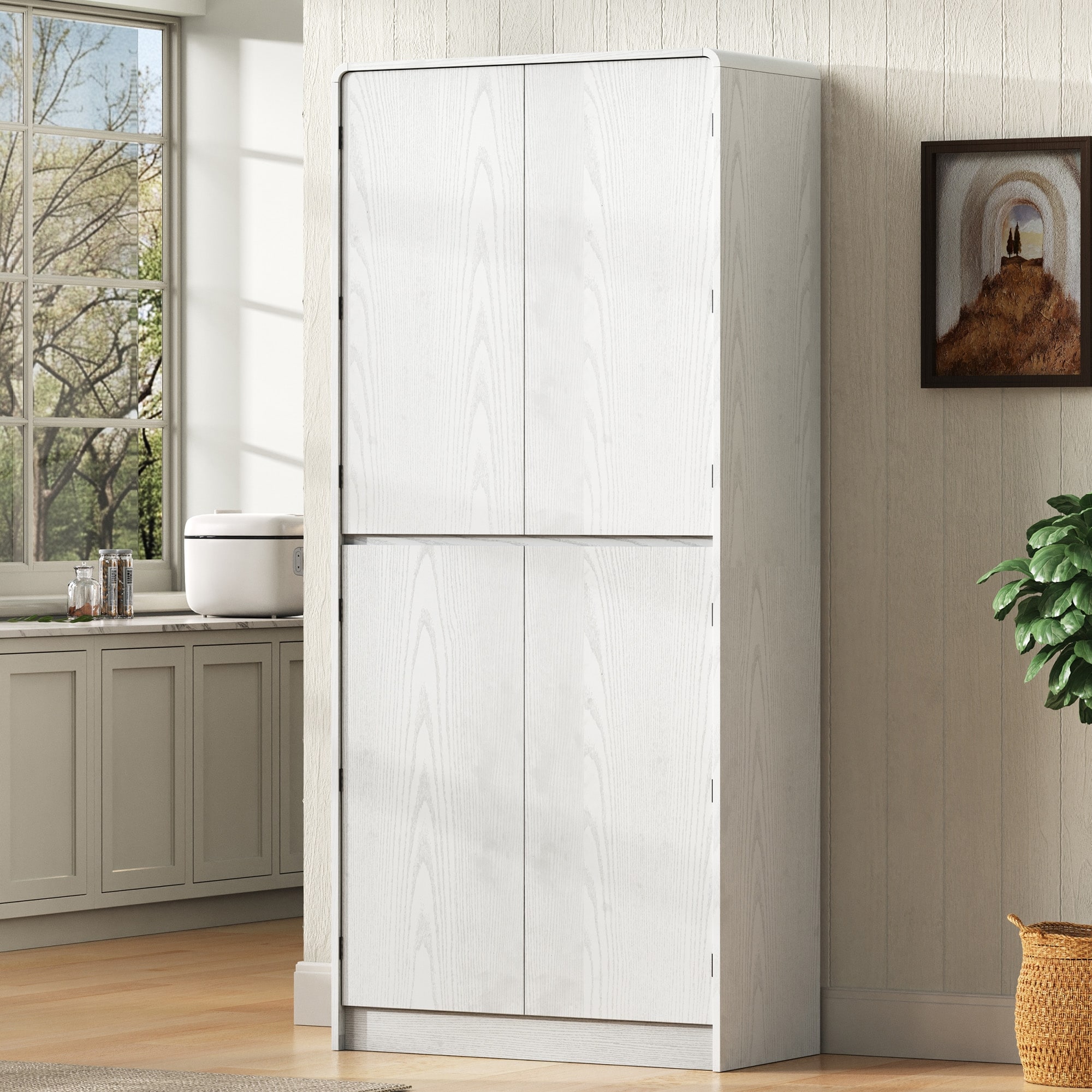 Roomfitters 72" Tall Farmhouse Kitchen Pantry Cabinet with Curved Profile & 8 Door Shelves