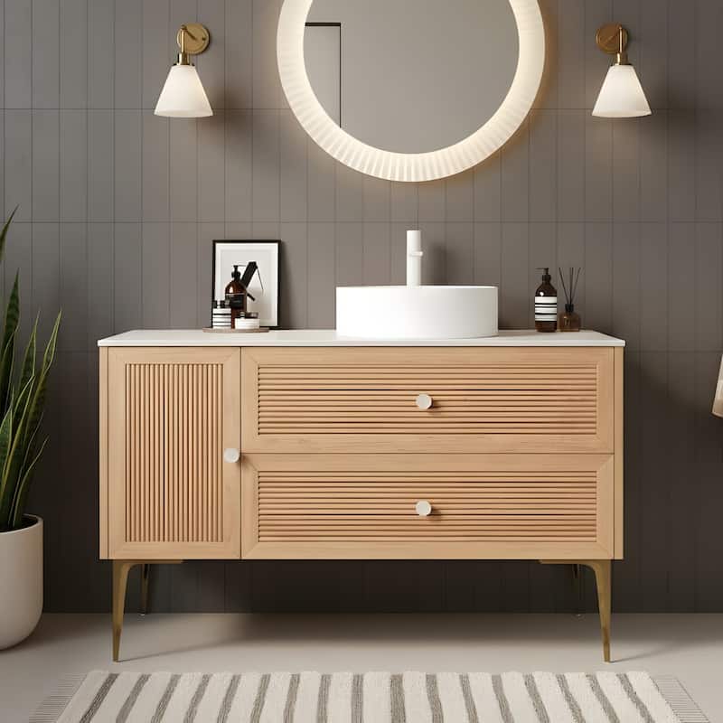 Freestanding Bathroom Vanity with Round Ceramic Basin - 48 - Oak+White