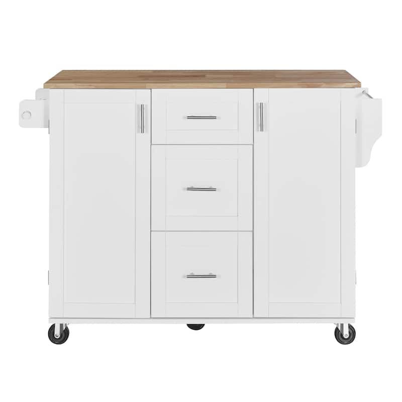 Rolling Kitchen Island with Storage, Kitchen cart with Rubber Wood Top, 3 Drawer, 2 Slide-Out Shelf and Internal Storage Rack