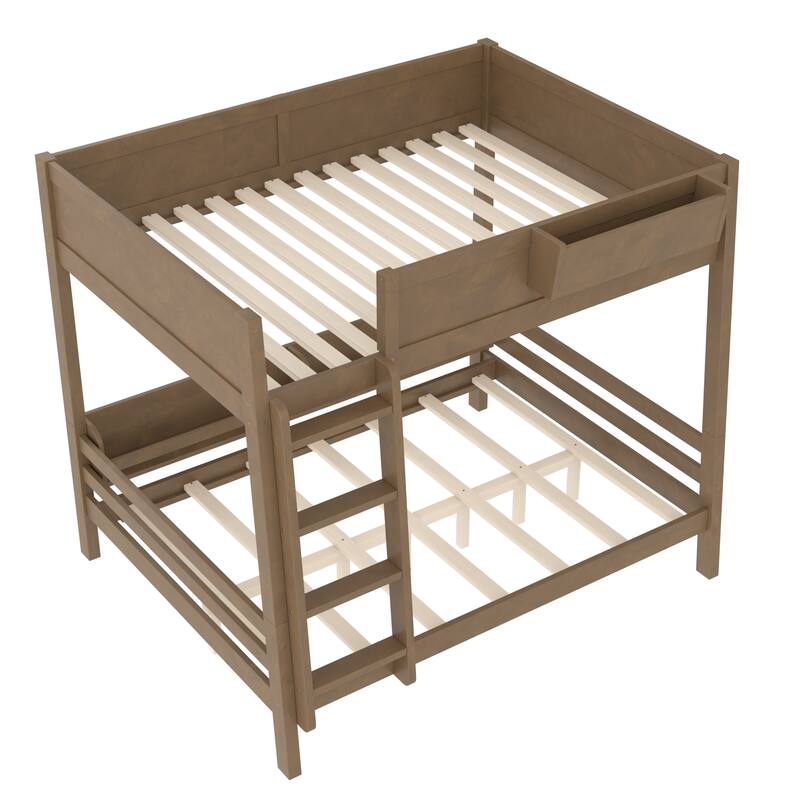 Wood Bunk Bed with Storage Shelves and Bookshelf, Ladder & Guardrails, Detachable Design
