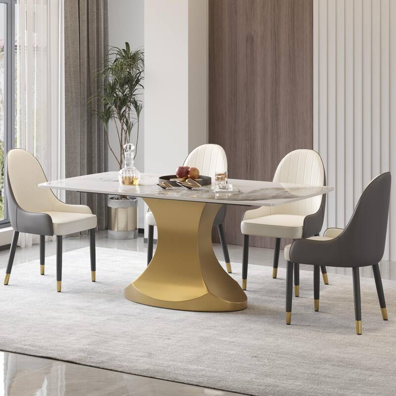 Dining Table for 6~8 Person, Faux Marble Kitchen Dining Table with Gold Pedestal.
