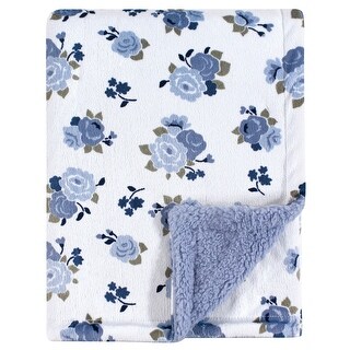 Luvable Friends Baby Girl Plush Blanket with Faux Shearling Back, Blue Floral, One Size - Blue Floral - One Size