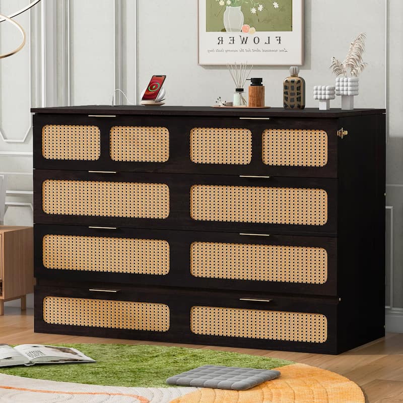 Modern Murphy Bed with Large Drawers - Espresso - Queen