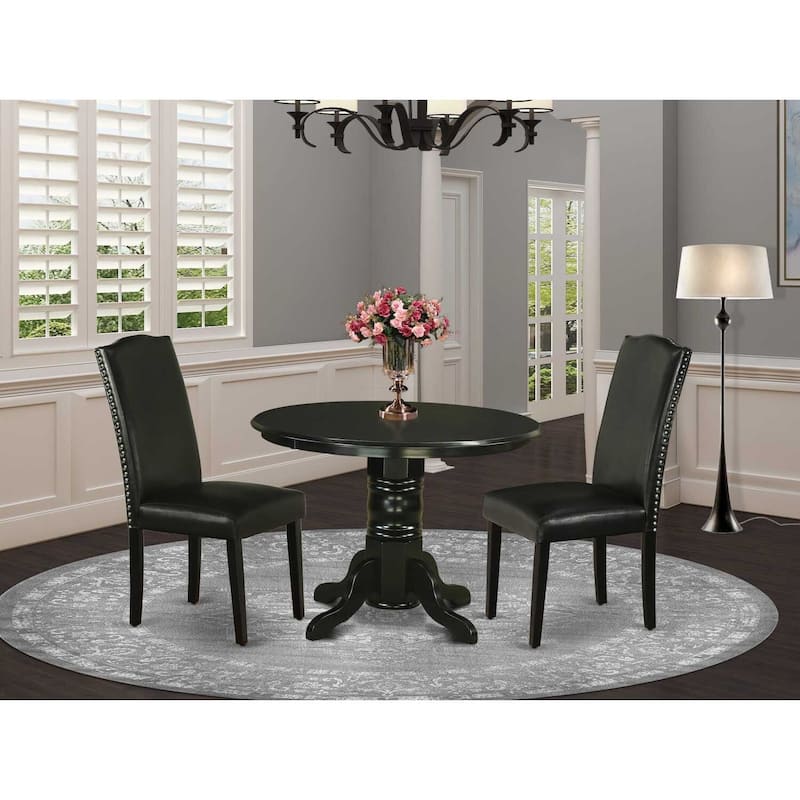Dinette Set 3Pc Round Table & 2 Parsons Chairs - Black PU Leather - 42" Table