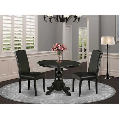 Dinette Set 3Pc Round Table & 2 Parsons Chairs - Black PU Leather - 42" Table