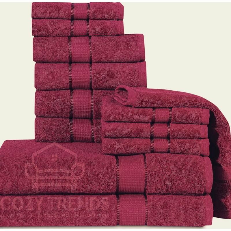 12 Piece Towel Set 600 GSM Long-Staple Combed Cotton Absorbent Bath Towels