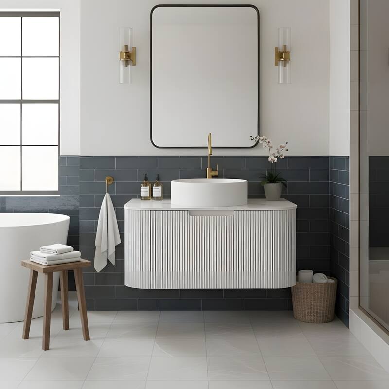 Wall Mounted Bathroom with White Round Ceramic Basin and Drawer - White - 30