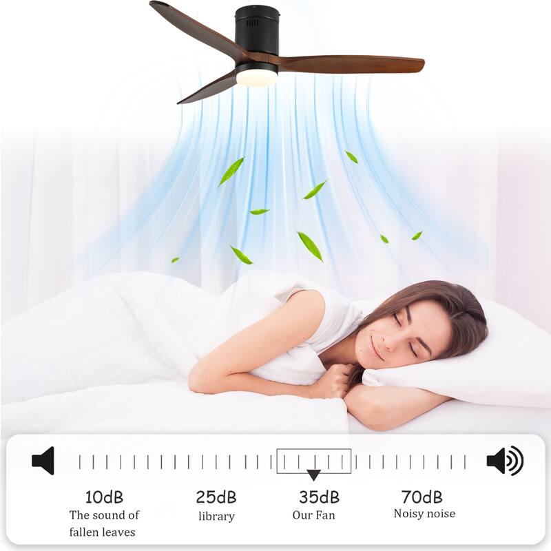 52 Inch Ceiling Fan with Light, 3 Dark Walnut Solid Wood Blades,Remote Control,6-speed Reversible DC Motor - Black + Dark Walnut