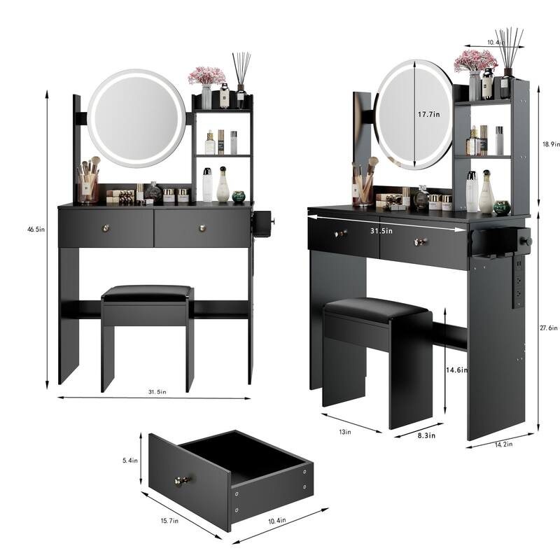 Modern Vanity Set with Touch LED Mirror, Built-in 2 AC Outlets, USB & Type-C Charging, Stool Included, Makeup Storage Desk