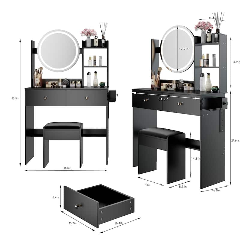 Vanity Desk with Adjustable LED Lighted Mirror, Makeup Vanity Table Set, Dresser Table with Power Outlet, Shelves & Drawers
