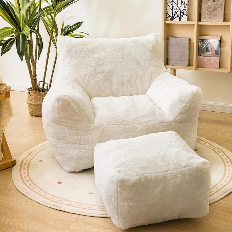 Mieres Fabric Bean Bag Chair with Ottoman - White