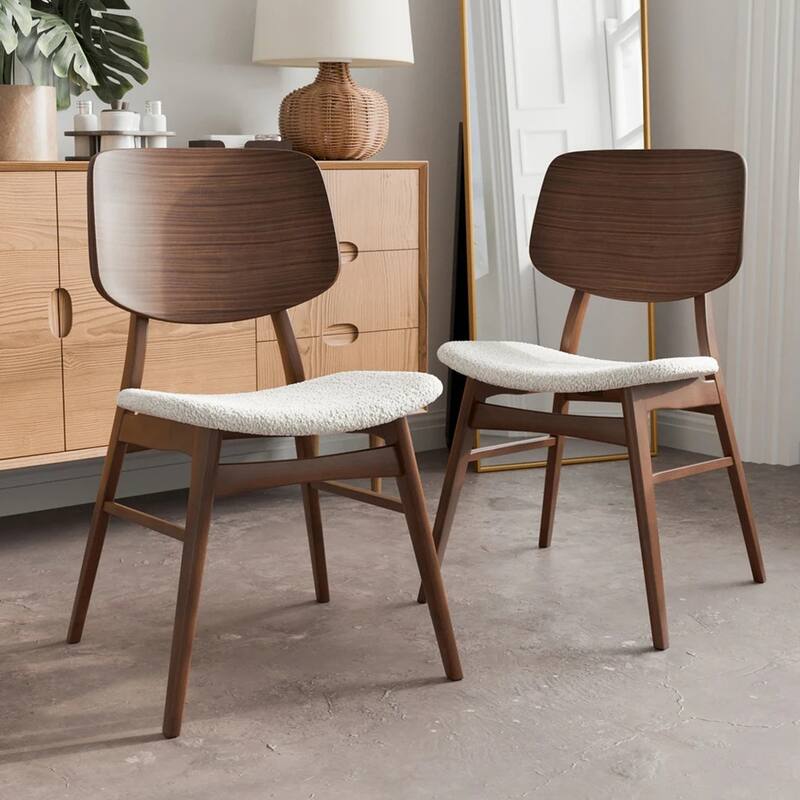 Set of 2 Upholstered Dining Chairs with Curved Panel Back in Walnut and Beige