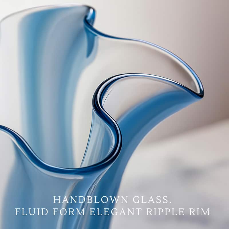 Blue Striped Handblown Glass Set of Two Scalloped Edge Vases