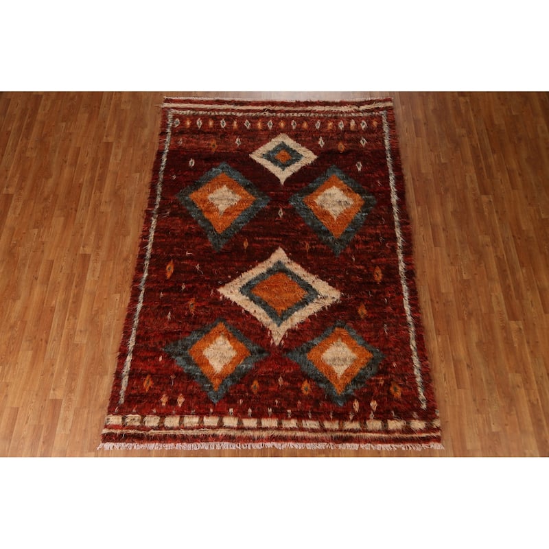 Hand Knotted Oriental 100% Wool Carpet Modern Tribal Red Moroccan Area Rug - 8' 9'' X 6' 4''