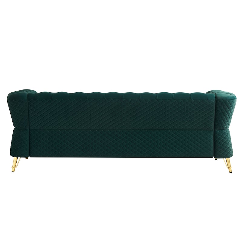 Mid-century Couch Velvet Upholstered Sofa with Button Tufted Backrest, Unique Armrest Design and Golden Metal Decor