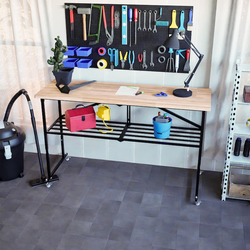 SmartFold Heavy-Duty Folding Butcher-Block Workbench- Portable Wood-Top Utility Table w/ Locking Casters
