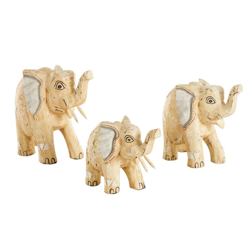 Wood Elephant Handmade Sculpture with Scroll and Floral Patterns - Set of 3 Light Brown - Roche River Decor - 11"W x 4"L x 9"H