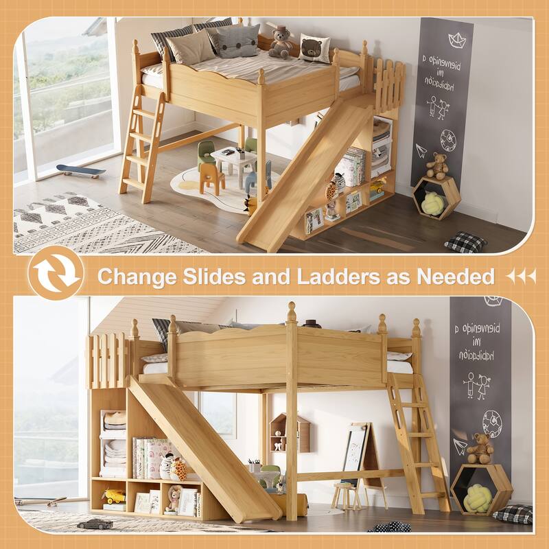 Modern High Loft Beds with Full Length Guardrails, Solid Wood Storage Loft Bed Frame with Detachable Slide and Ladders