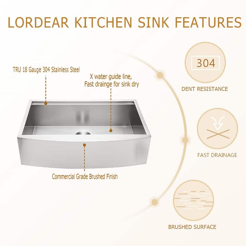 Lordear 33/30/36 inch Farmhouse Kitchen Sink Workstation Single Bowl Stainless Steel Sink Basin