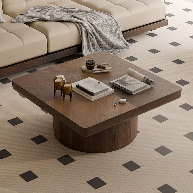 34.6" Modern Square Coffee Table with Parquet Wood Veneer Top & Cylindrical Base, Stylish Living Room Center Table