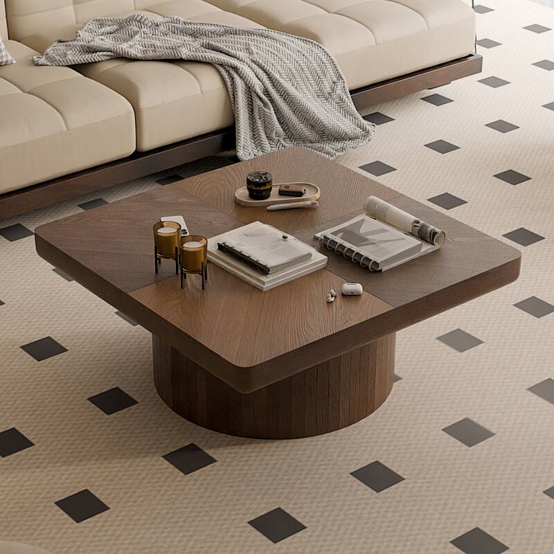 GDF Studio - Modern Square Coffee Table with Parquet Wood Veneer & Cylindrical Base