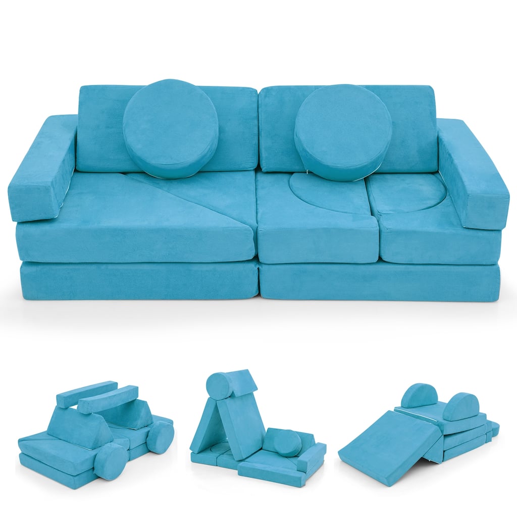 Modular Kids Play Couch 14 Piece Foam Blocks Soft Velvet Suede Convertible Toddler Sofa for Imaginative Play