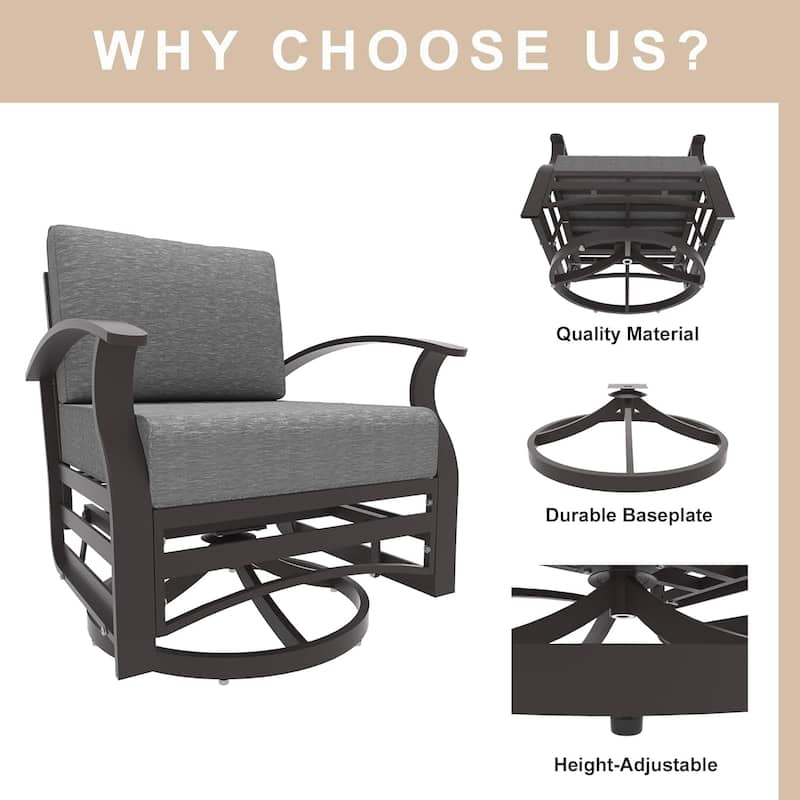 Kullavik 3Pcs Aluminum Rocking Chair Swivel Chairs Set with Glass Top Table & 5" Thick Cushion