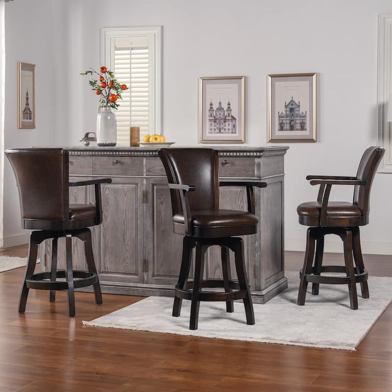 Williams Swivel Upholstered Bar Stool - Counter or Bar Height - 27 or 31 Inch - Solid Oak Wood Frame - Minimal Assembly - Set of 3 - Vintage Brown Faux Leather - Counter Height