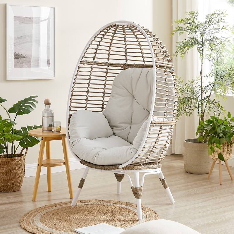 Wicker Egg Chair, Outdoor Teardrop Wicker Lounge Chair - Antique White