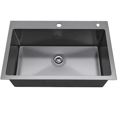 Drop In Kitchen Sink, 24/28/30 Inch Top Mount Stainless Steel Nano Gunmetal Black Sink with Sink Protector