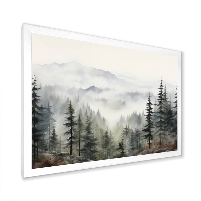 Designart "Pine Tree Misty Mountain II" Floral Framed Wall Art Living Room