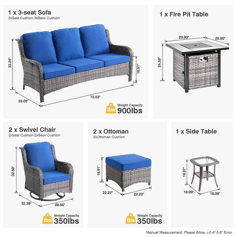 OVIOS 7-piece Patio Swivel Chair Set with 30" Fire Pit