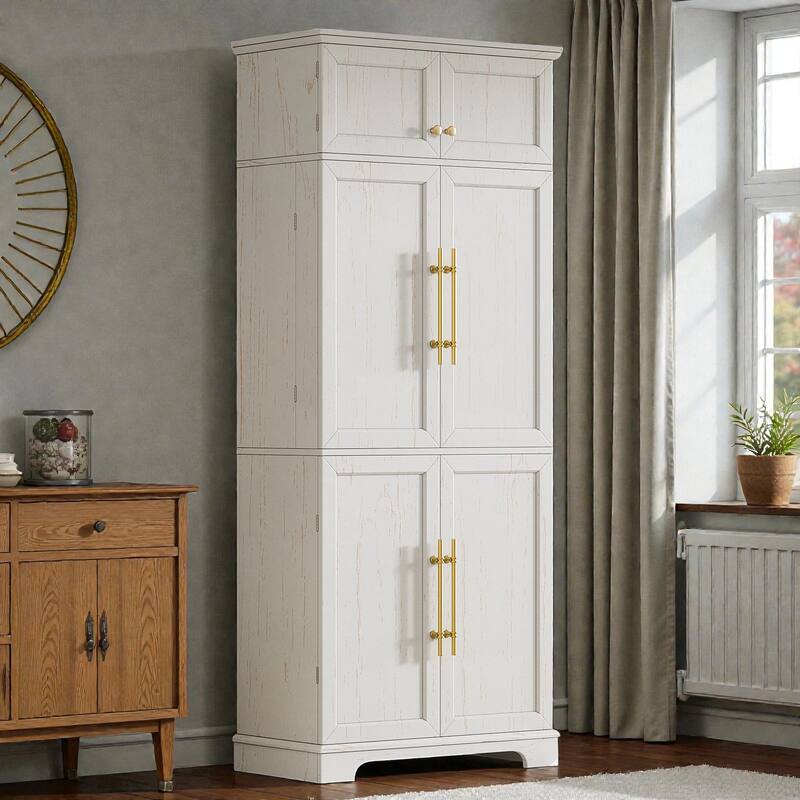 78.2" Farmhouse Kitchen Pantry Cabinet with 8 Door Shelves, Adjustable Shelves, Hidden Drawer and Wine Rack Storage - Retro White