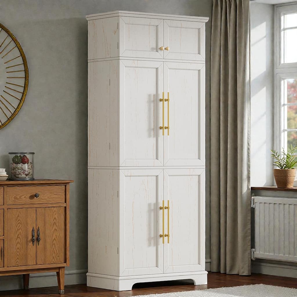 78.2" Farmhouse Kitchen Pantry Cabinet with 8 Door Shelves, Adjustable Shelves, Hidden Drawer and Wine Rack Storage