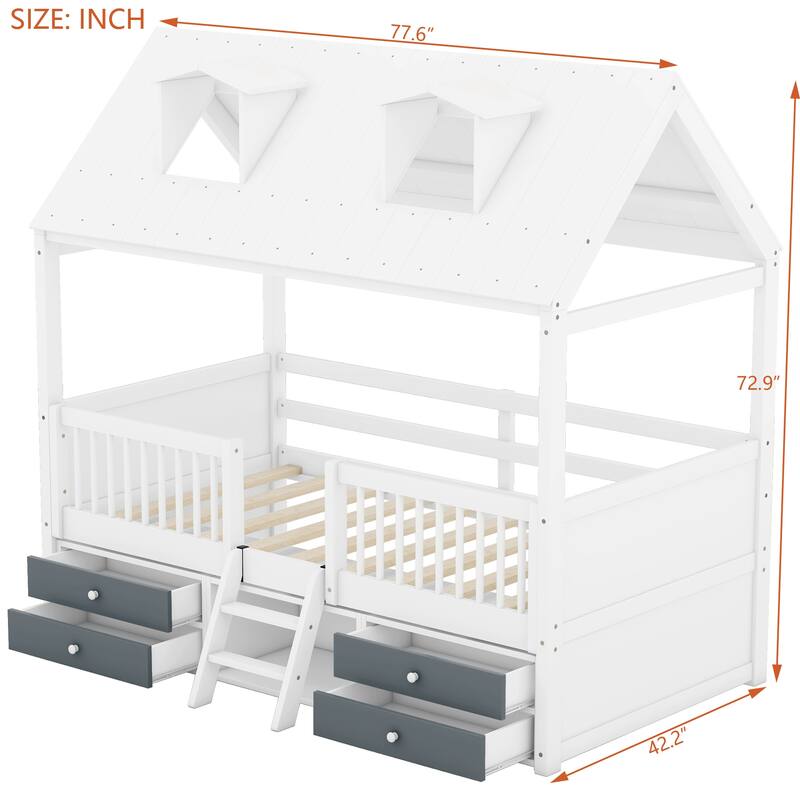 Twin/Full Size Wooden House Bed Frame with Skylight Roof, Drawers, Shelves and Ladder