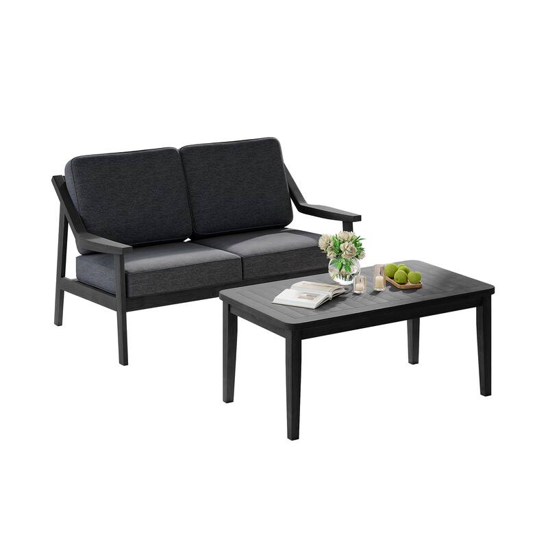 2-piece Brown/ Black Teak Cushioned Patio Loveseat Set with Coffee Table
