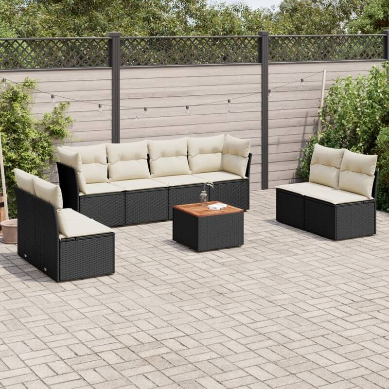 vidaXL Patio Sofa Set with Cushions Outdoor Furniture 9 Piece Poly Rattan - 21.7 x 21.7 x 14.6 - Black and cream