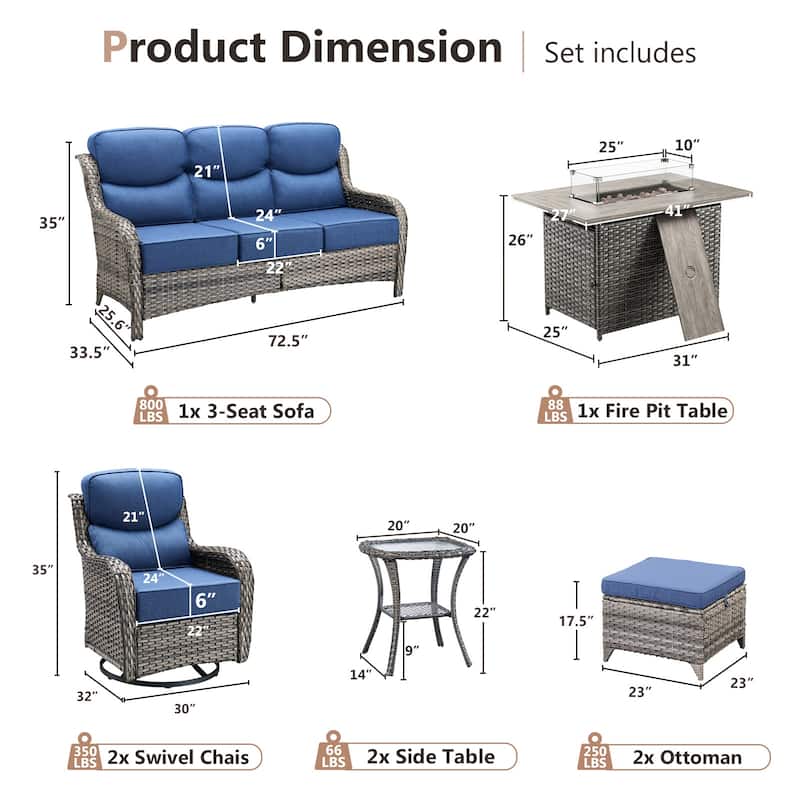 Pocassy Outdoor 6 Inch Sofa Glider Chairs Ottoman with Fire Table Set