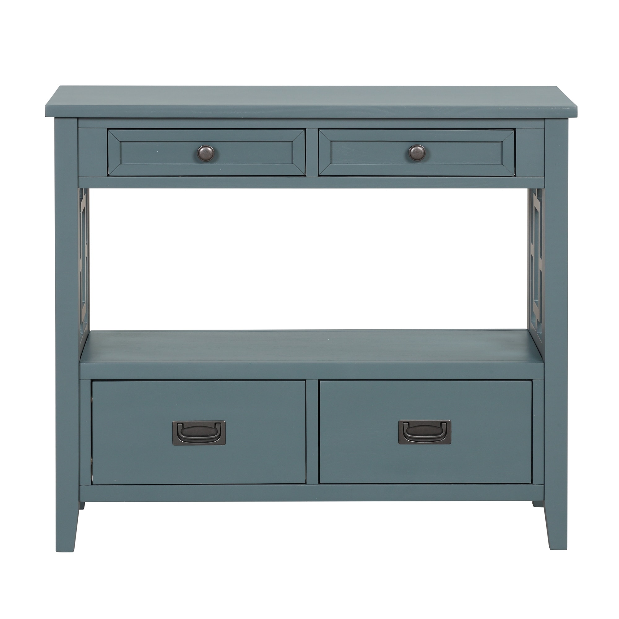 36" Country Console Table with Hollow Decorative, Solid Wood Living Room Entryway Sofa Table with 4 Drawers and Open Shelf