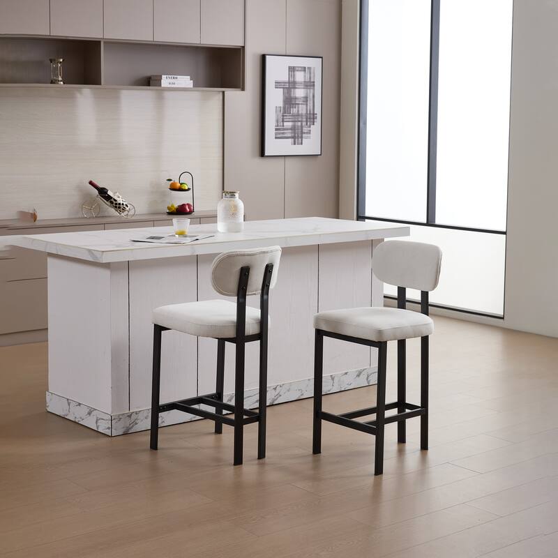 Bar Stools Set of 2, 26 inch Upholstered Fabric Counter Height Barstools, Kitchen Island Chairs with Black Metal Legs