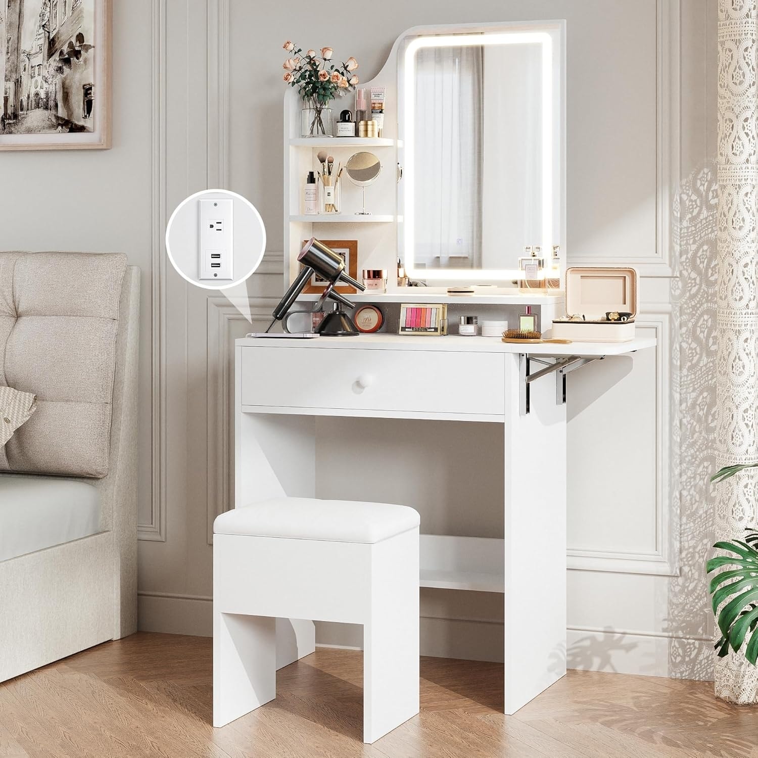 Compact Foldable Vanity Desk with Mirror, Lights, Charging Station, and Storage for Bedroom